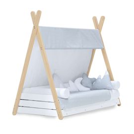 Lit-Cabane Montessori En Bois 70x140 Cm Avec Textile Gris Clair