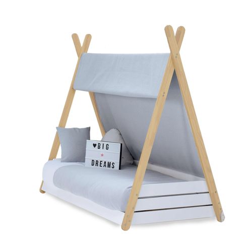 Lit-Cabane Montessori En Bois 70x140 Cm Avec Textile Gris