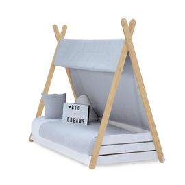 Lit-Cabane Montessori En Bois 70x140 Cm Avec Textile Gris