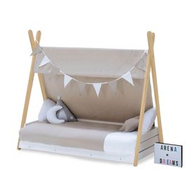 Lit-Cabane Montessori En Bois 70x140 Cm Avec Textile Beige