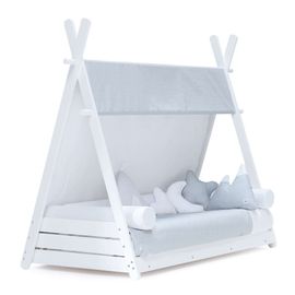 Lit D'enfant Montessori 70x140 Cm Avec Matelas Et Textile Gris Clair