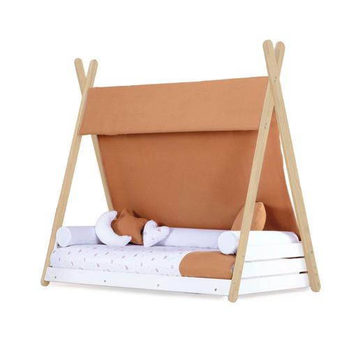 Lit Montessori En Bois 70x140 Cm Avec Matelas Et Textile Orange