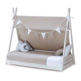 Lit D'enfant Montessori 70x140 Cm Avec Matelas Et Textile Beige