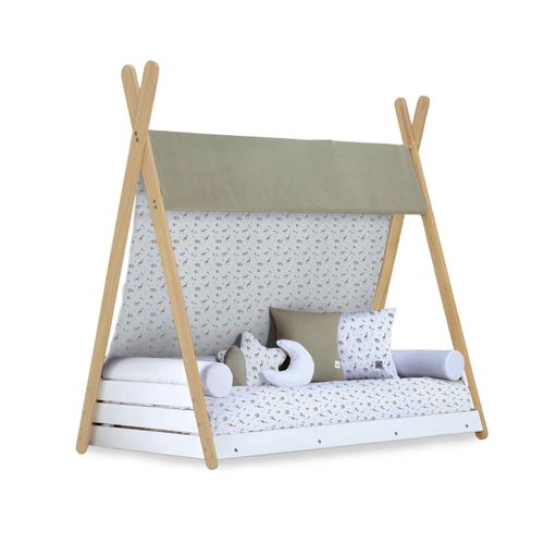 Lit-Cabane Montessori En Bois 70x140 Cm Avec Textile Imprime Jungle