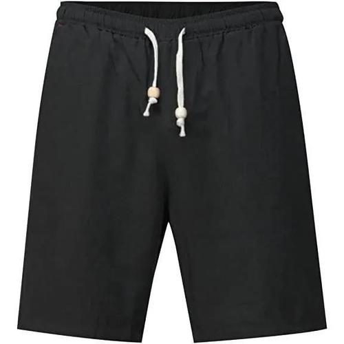 Short Homme Casual Eté Cargo En Lin Coton Sportif Léger Noir-Xs