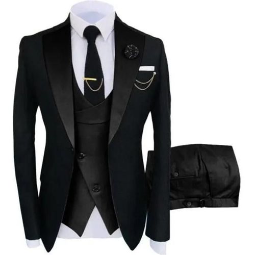 Costume Pour Homme 3 Pièces Veste Et Pantalon Gilet Jacquard Slim Blazer De Soirée De Mariage D\Affaires-Noir