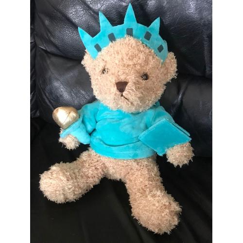 Doudou Peluche Ours Marron Statue De La Liberté Bleu Et Doré Fiesta 30cm