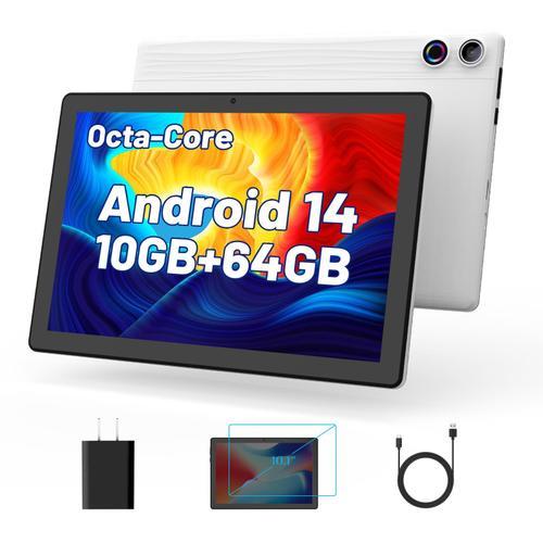 Tablette Android 14 Tablet 10.1 Pouces avec écran Tactile 1280,800 IPS HD, processeur Octa-Core, 10GB RAM et 64GB ROM (Extension jusqu'à 1TB), WiFi 5G/2.4G, BT 5.0, 5MP Double caméra+8MP (Blanc)