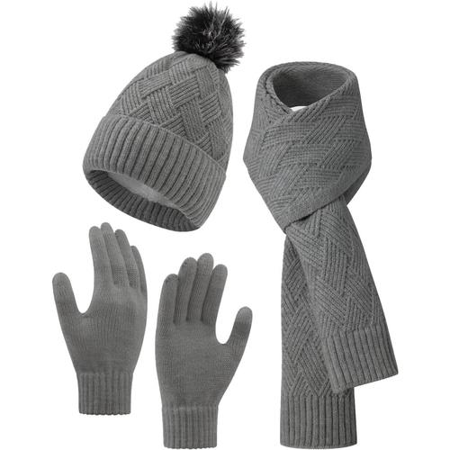 Femme Hiver Tricot Béret Chapeau Écharpe Gants À Écran Tactile 3 En 1 Écharpe En Laine Chaude Cache-Cou De Doublure Ensemble De Chapeau