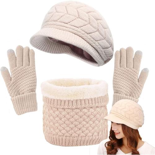 Femme Tricoté Béret Écharpe À Boucle Gants 3 Pièces Ensemble Chaud Cache-Cou De Doublure Polaire Et Bonnet Tricot Hiver Chapeau