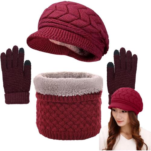 Hiver Béret Ensemble Tricot Femme Cache-Cou Et Gants D'écran Tactile Doux Tricot Écharpe Girls Chaud Béret Chapeau Gants Ensemble Tricotés Polaire Écharpe Confort