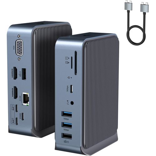Adaptateur USB C 15 en 2, HUB USB C Double Moniteur, Station d'accueil USB C, avec 2 Ports HDMI, VGA, 4 USB A, 2 USB C, USB C 3.0, Ethernet, PD 100 W, Audio, lecteurs de Cartes SD/TF