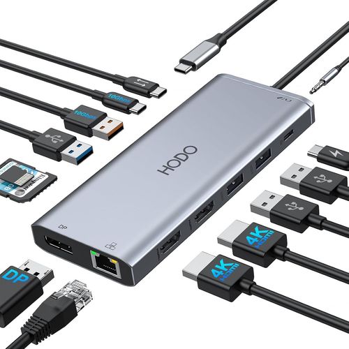 Station d'accueil pour ordinateur portable 2 écrans, station d'accueil USB C Hub 14 en 1, adaptateur USB C avec 2 HDMI, port de données 10 Gbps, DisplayPort, Ethernet, PD, USB, SD TF, audio 3,5 mm