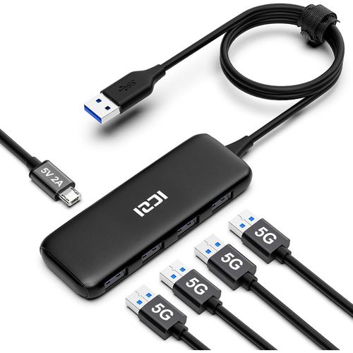 HUB USB 3.0 5 Ports(avec Alimentation),Ultra-Fin avec câble étendu de 120cm/4ft - Hub USB 3.0 pour Macbook, iMac, Surface Pro, XPS, Notebook PC, clés USB, disques durs externes, etc