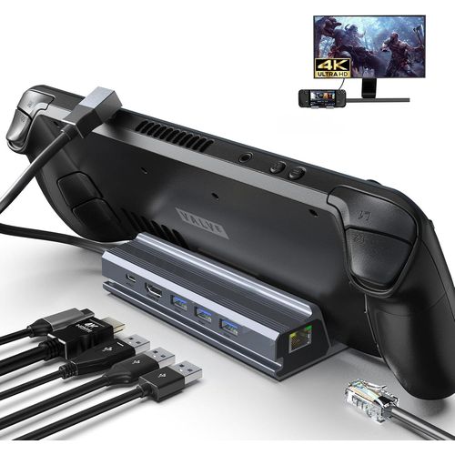 Station d'accueil Steam Deck, 6 en 1 Station d'accueil, HDMI 2.0, 4K@60 Hz, Gigabit Ethernet, 3 Ports de Chargement USB C, Compatible avec Valve Steam Deck, TV