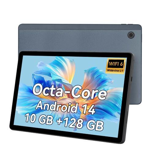 Tablette 11 Pouces 8 coeurs Android 14 Tablette PC 10 Go RAM 128 Go ROM 1 to Extension 1280x800 HD IPS Écran Tactile 5MP + 8MP Double Caméra 6800 mAh Widevine L1 Face ID Wi-Fi Bluetooth (Gris)