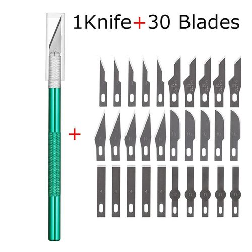 Couteau Utilitaire En Métal Pour Artisanat,Artisanat De Gravure,Coupe-Papier Opaque,30 Pièces,Phérique,Kits De Modèles,Carton,Plastique,Tissu,Bois - Type 1greenknife 30blades