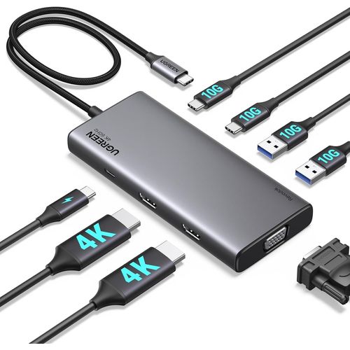 Revodok Pro 3081 Hub USB C 2 HDMI 4K 1 VGA 1080P Docking Station Triple Affichage Adaptateur USB C vers Multi USB 3.2 10Gbps PD 100W Charge Dock USB C Compatible avec MacBook Pro Air Surface