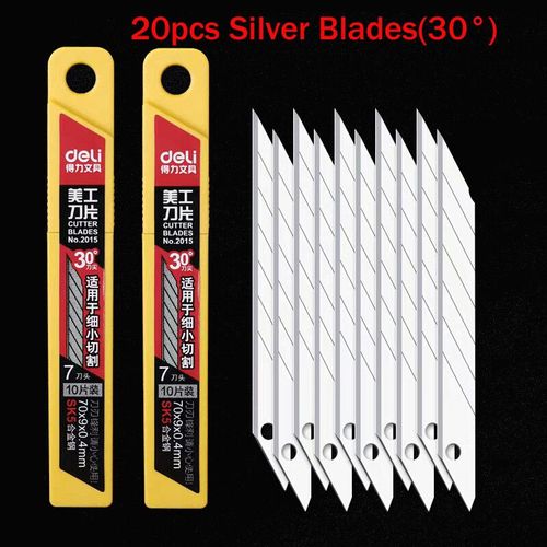 Deli-Petit Couteau Utilitaire Rétractable,Coupe-Boîte,Conception Autobloquante,Freins De Papier Peint,Outils De Papeterie,Noir,30 ° - Type 20pcs Silver Blades