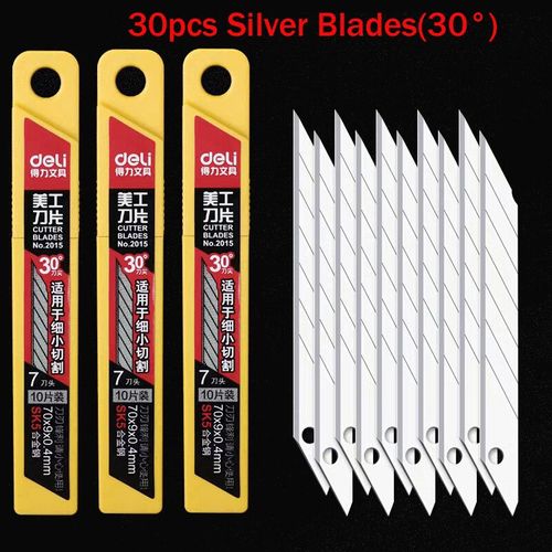 Deli-Petit Couteau Utilitaire Rétractable,Coupe-Boîte,Conception Autobloquante,Freins De Papier Peint,Outils De Papeterie,Noir,30 ° - Type 30pcs Silver Blades
