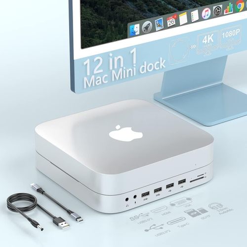 (HDMI+VGA) Station d'accueil Mac Mini avec boîtier pour Disque Dur, Hub Mac Mini pour Mac Mini M2/ M1, Mac Studio, 2020 & 2018 Mac Mini avec SATA SSD/HDD, HDMI, VGA, USB, TF/SD, Audio Jack(ABS)