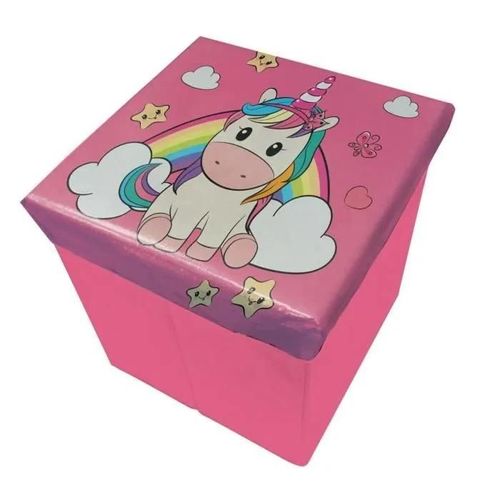Pouf - Unicorno - Portagiochi - Blanc Et Rose - Tissu