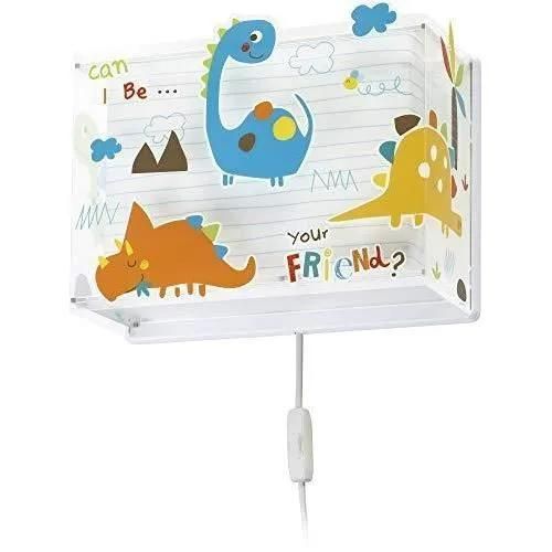 Dalber - Applique murale enfant - Dinos - Motif dinosaures, L 13 cm, H 22,5 cm, Blanc, vert, jaune, orange