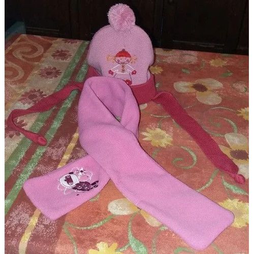 Écharpe Et Bonnet Rose Laine Et Velours Kitchoun Taille Unique 1 À 3 Ans