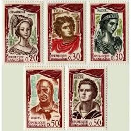Comédiens : La Champmeslé, Talma, Rachel, Raimu, Gérard Philippe Série Complète (Encadrement Grenat) Année 1951 N° 1301 1302 1303 1304 1305 Yvert Et Tellier Luxe
