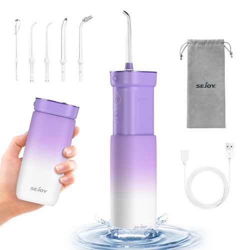 Hydropulseur Dentaire Sejoy Portable Sans Fil, Irrigateur Oral Ultrasons Electrique Pliable, Ipx7 Étanche 3 Modes 5 Buses De Rechange - Violet