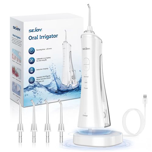 Hydropulseur Jet Dentaire Sejoy Sans Fil, Irrigateur Oral Rechargeable Avec 3 Modes 4 Buses De Rechange, 170ml - Blanc