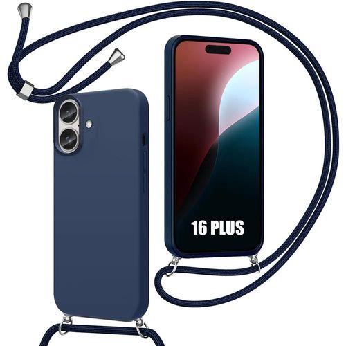 Coque Bandoulière Réglable Pour Iphone 16 Plus, Souple Anti-Rayures Silicone Bleu Marine - E.F.Connection