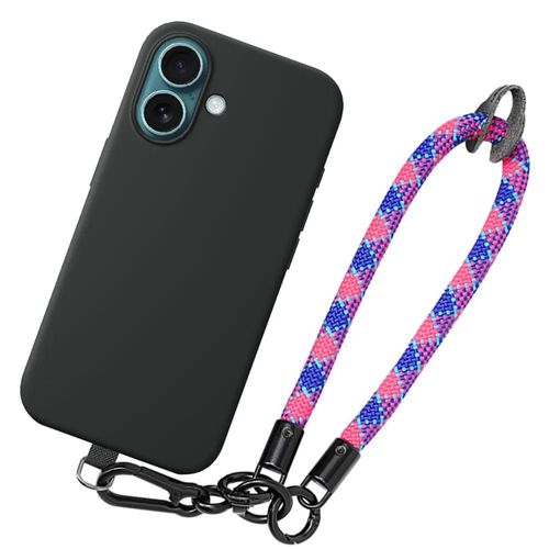 Coque Antichoc En Silicone Noir Pour Iphone 16 Plus Avec Dragonne Damier Tricolore Détachable - E.F.Connection