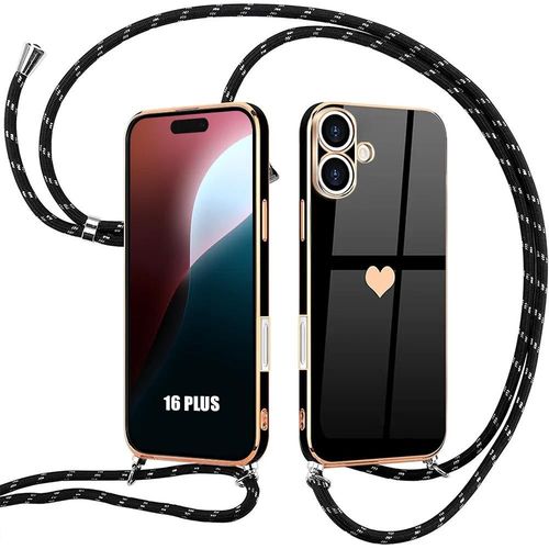 Coque Pour Iphone 16 Plus - Silicone Antichoc Protection Souple Avec Bandoulière Noir - E.F.Connection