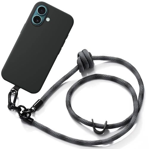 Coque Cordon Pour Iphone 16 Plus - Silicone Antichoc Noir Avec Cordon Amovible Gris - E.F.Connection