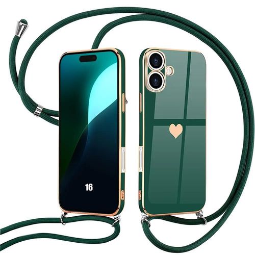 Coque Bandoulière Pour Iphone 16, Protection Antichoc Motif C?ur - Vert Nuit - E.F.Connection