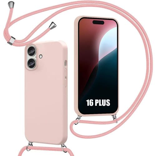 Coque Pour Iphone 16 Plus, Protection Silicone Liquide Anti-Rayures Avec Cordon Rose - E.F.Connection