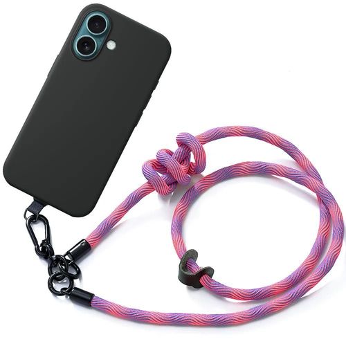 Coque Lanière Pour Iphone 16 Plus - Silicone Antichoc Anti-Rayures Noir Avec Lanière Détachable Rose - E.F.Connection