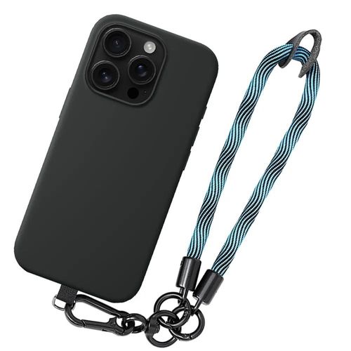 Coque Pour Iphone 16 Pro Max, Silicone Noir Antichoc Avec Dragonne Bleue - E.F.Connection