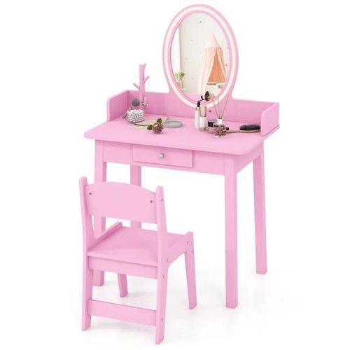 Costway Coiffeuse Enfant Avec Chaise, Miroir Éclairé Led Bicolore, Tiroir Et Organisateur De Bijoux En Forme D¿Arbre, Rose