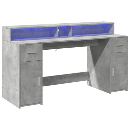 Bureau Table Poste De Travail Meuble D'ordinateur Informatique Étude Et Lumières Led 160 X 55 X 91 Cm Bois D'ingénierie Gris Helloshop26 02_0023801