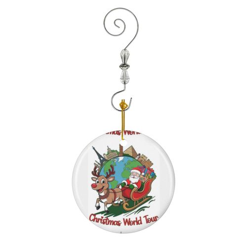 Ornements de Noël Père Noël avec rennes et traîneau lors d'un tour du monde - Affiche de Noël rétro vintage en Céramique avec Crochet et Cristal Décorations Souvenirs Pendentif Décoratif...