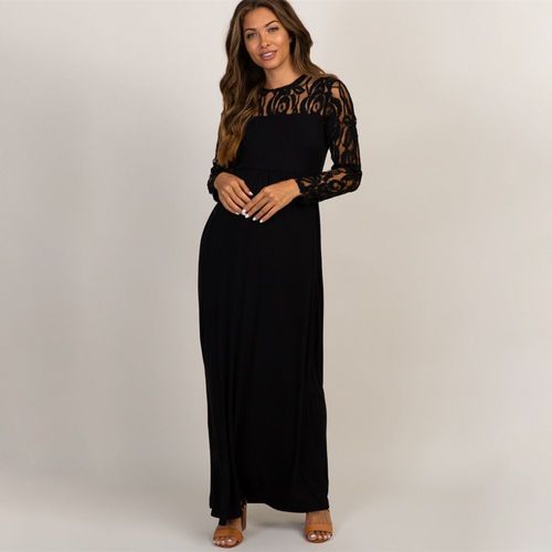 Robe Longue En Dentelle Pour Femmes Enceintes,Manches Longues,Col Rond,Ajouré,Soirée,Maxi,Robes De Grossesse