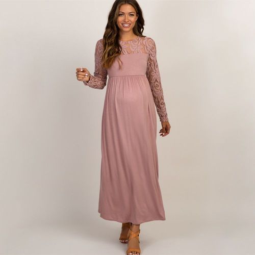 Robe Longue En Dentelle Pour Femmes Enceintes,Manches Longues,Col Rond,Ajouré,Soirée,Maxi,Robes De Grossesse