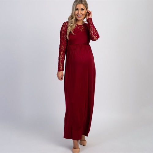 Robe Longue En Dentelle Pour Femmes Enceintes,Manches Longues,Col Rond,Ajouré,Soirée,Maxi,Robes De Grossesse