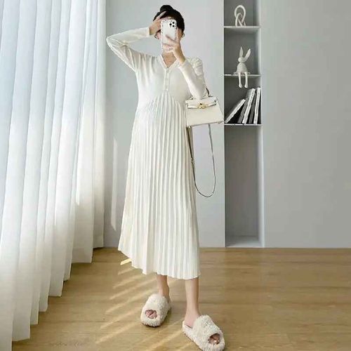 Robe Pull Longue En Tricot Pour Femmes Enceintes,Pulls D'automne Et D'hiver,Vêtements De Grossesse Décontractés,Mode,Nouvelles Robes Plissées