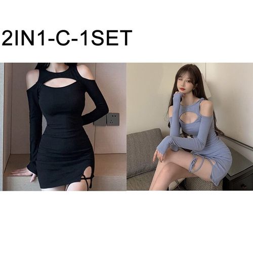 Ensemble Sans Bretelles Pour Femmes,Robes De Fond Monochromes Minces,Hanche Sexy,Creux,Automne Et Hiver