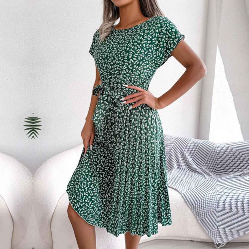 Robe Longue Plissée À Fleurs Pour Femmes,Manches Courtes,Taille Haute,Mode Chic,Printemps,Été
