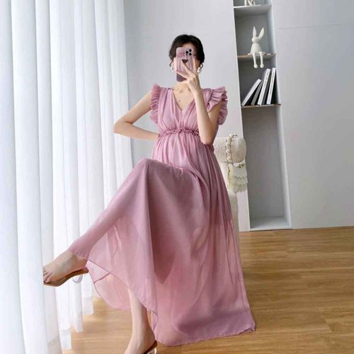 Robe De Soirée En Mousseline De Soie Pour Femme Enceinte,Tenue À Manches Pétales,Taille Haute,Col En V,Été