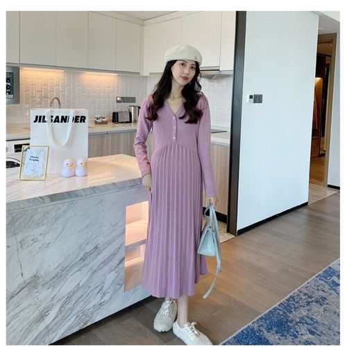 Alterfur S-Robe Éducative Pour Femme Enceinte,Vêtements De Grossesse Doux,Manches Sulf,Col En V,Taille Haute,Printemps Et Automne